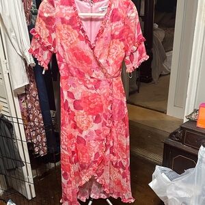 Kensie Pink & Coral Floral Wrap Midi Dress